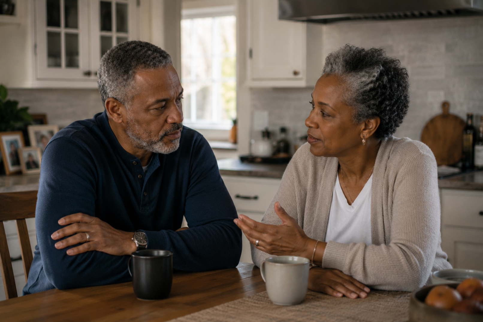 Casual conversation in a cozy kitchen